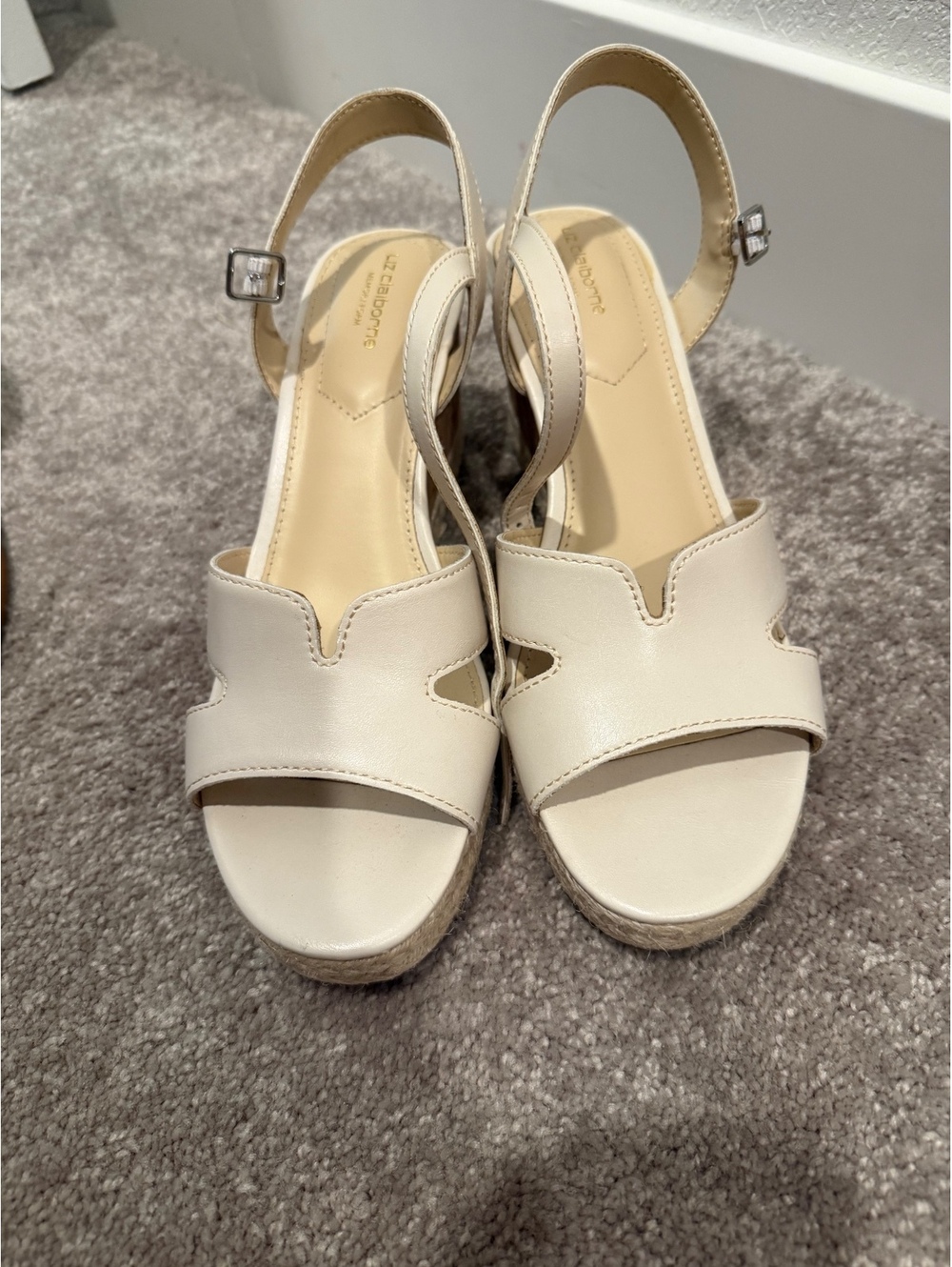 Liz Claiborne Women's Beige Leather Wedge Espadrille Sandals with Cork Heel, Sz